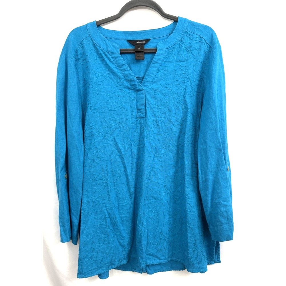 Ali Miles Turquoise Linen Blend Embroidered Tunic Top Roll Tab Sleeve Womens L